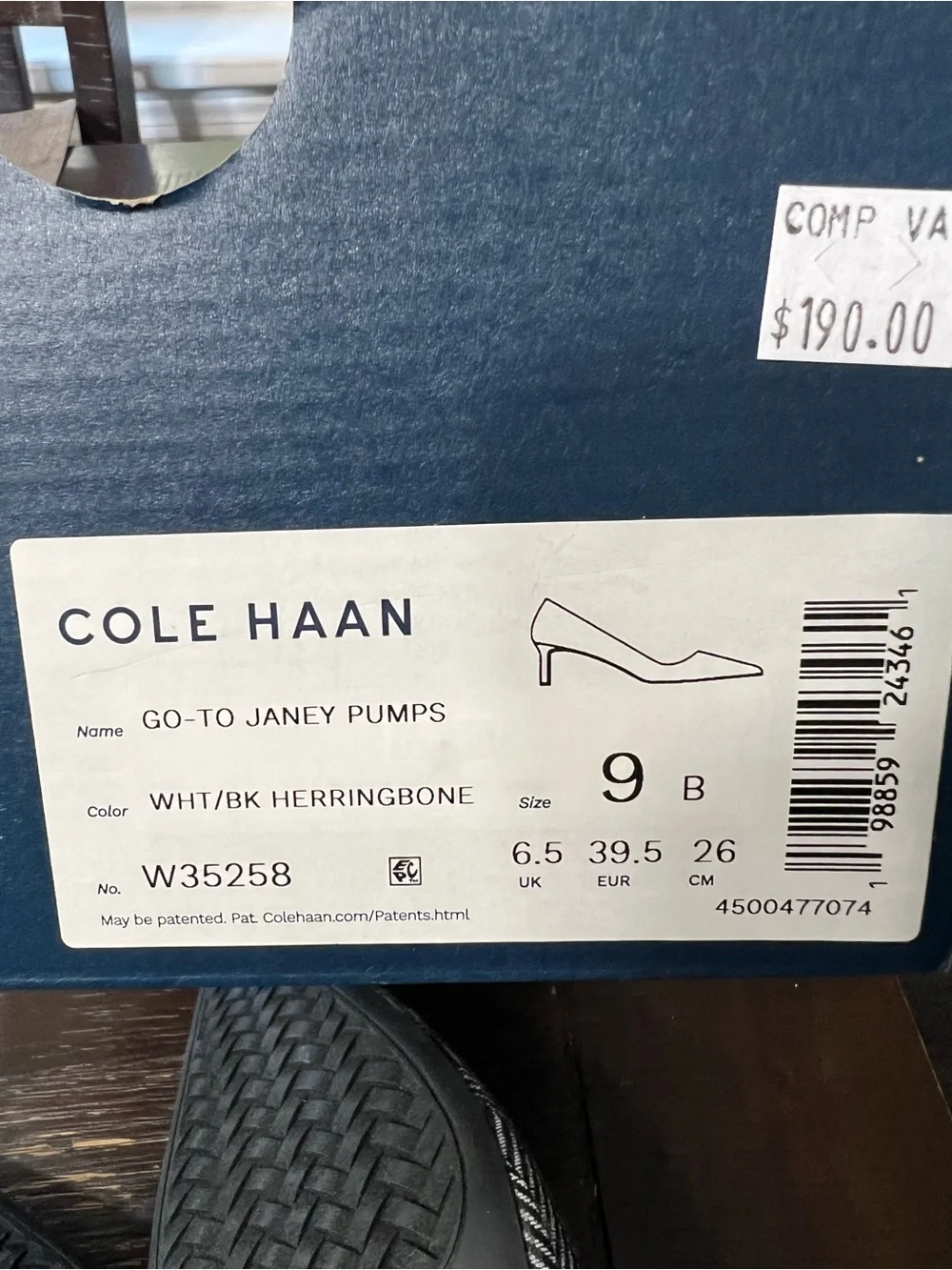 COLE HAAN Go-To Janey Pump - Black and White Herringbone - Size 9B